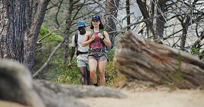 Buy stock photo Fitness, hiking or couple in forest with walk, partnership or cardio support in physical activity. Team, man or woman outdoor with exercise, workout collaboration or trekking together in nature hobby
