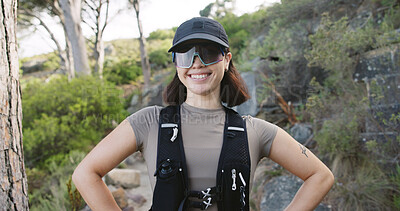 Buy stock photo Hiking, break and happy woman with sunglasses in woods, hobby and pride with hydration vest on trip. Hiker, smile and person with eyewear in nature, exploring and outdoor for adventure in Canada