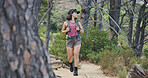 Hiking, travel and thinking with woman in forest for trekking adventure, reflection and nature path. Vision, backpacking and wellness with person on outdoor trail for inspiration, walk and holiday