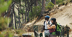 Photography, hiking and interracial couple with phone for fitness, trekking or adventure on mountain. Outdoor, hiker or people with picture for travel memory, exercise or holiday and explore nature