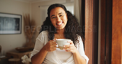 Buy stock photo Portrait, woman and happy with coffee in home for peaceful morning, weekend break and me time. Smile, african person and relax with beverage in apartment for wellness, comfortable and calm afternoon