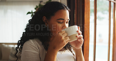 Buy stock photo Home, woman and drinking coffee with aroma for wellness, weekend break and start day in house. Morning beverage, thirsty person and scent in apartment with peace, calm and relax with self care