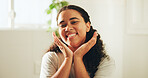 Skincare, portrait or woman in bathroom with smooth skin, shine or glow in facial care. Wellness, smile or female person in house with confidence, dermatology or natural cosmetics for soft touch.