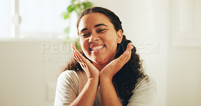 Buy stock photo Skincare, portrait or woman in bathroom with smooth skin, shine or glow in facial care. Wellness, smile or female person in house with confidence, dermatology or natural cosmetics for soft touch.