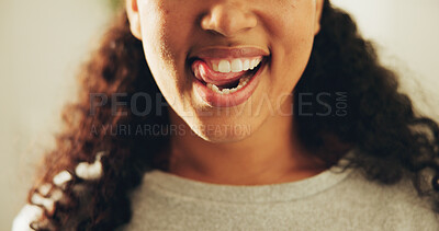 Buy stock photo Dental, woman or mouth in bathroom with tongue out, hygiene results or tooth wellness in orthodontics. Dentistry, cleaning and person in house with lick, teeth whitening and gum health in oral care.