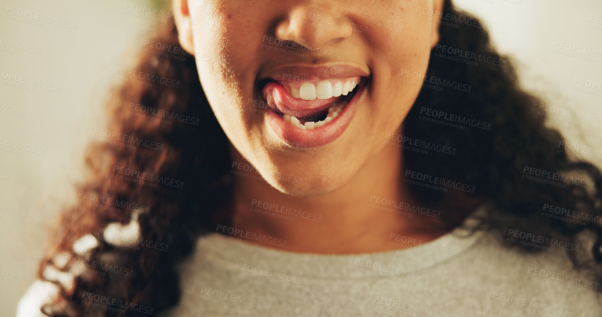 Buy stock photo Dental, woman or mouth in bathroom with tongue out, hygiene results or tooth wellness in orthodontics. Dentistry, cleaning and person in house with lick, teeth whitening and gum health in oral care.