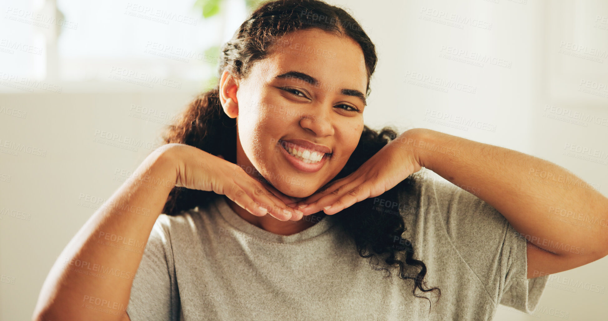 Buy stock photo Skincare, portrait or woman in bathroom with happiness, smooth skin or glow in facial care. Wellness, smile or female person in house with confidence, dermatology or natural cosmetics for soft touch.