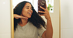 Mirror, skincare and selfie with woman in bathroom of home for social media post or update. App, hand gesture and reflection with influencer in apartment for profile picture, dermatology or beauty