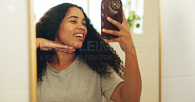 Buy stock photo Mirror, skincare and selfie with woman in bathroom of home for social media post or update. App, hand gesture and reflection with influencer in apartment for profile picture, dermatology or beauty