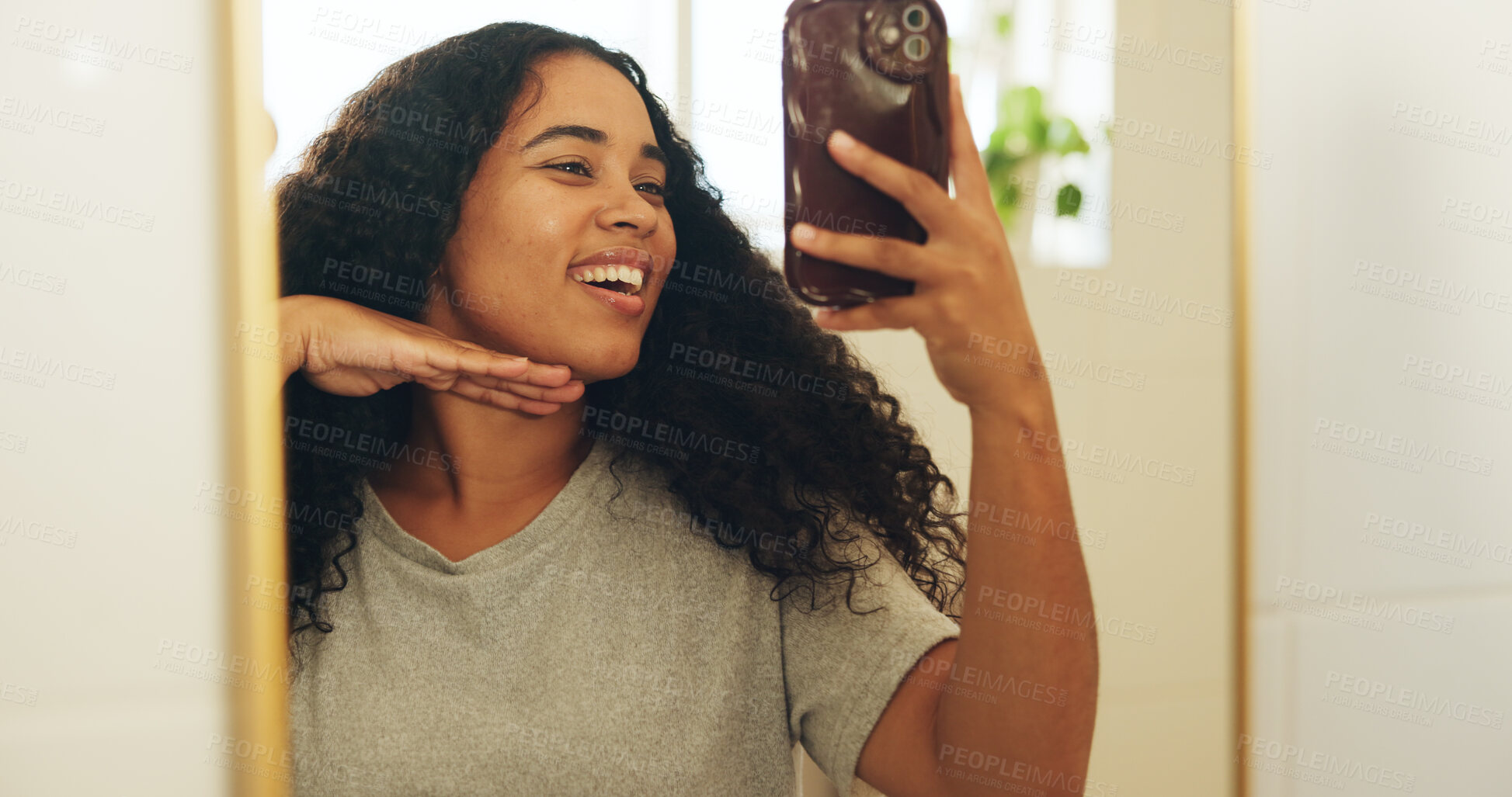 Buy stock photo Mirror, skincare and selfie with woman in bathroom of home for social media post or update. App, hand gesture and reflection with influencer in apartment for profile picture, dermatology or beauty