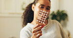 Hands, woman and pimple patch in home with skincare, blemish control or smile for breakout benefits. Female person, cosmetic product and bathroom for acne treatment, blackheads or dermatology