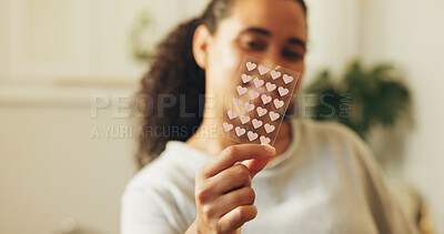 Buy stock photo Hands, woman and pimple patch in home with skincare, blemish control or smile for breakout benefits. Female person, cosmetic product and bathroom for acne treatment, blackheads or dermatology