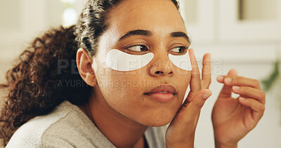 Buy stock photo Dermatology, eye patches and woman in bathroom for dark circles reduction, hydration and beauty treatment. Smile, self care and person with collagen product for skincare or morning routine in home