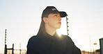 Serious, guard and woman for security outdoor with vision, surveillance patrol and perimeter protection. Thinking, female person and bodyguard for access control, restricted area and threat detection