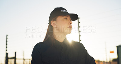 Buy stock photo Serious, guard and woman for security outdoor with vision, surveillance patrol and perimeter protection. Thinking, female person and bodyguard for access control, restricted area and threat detection