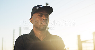 Buy stock photo Serious, guard and black man for security outdoor with vision, surveillance patrol or perimeter protection. Thinking, male person or bodyguard for access control, restricted area and threat detection