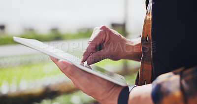 Buy stock photo Hands, inspection and farmer with tablet for agriculture, sustainability or harvest. Greenhouse, plant and person on farm with digital tech for agro business for crops, quality control or hydroponics