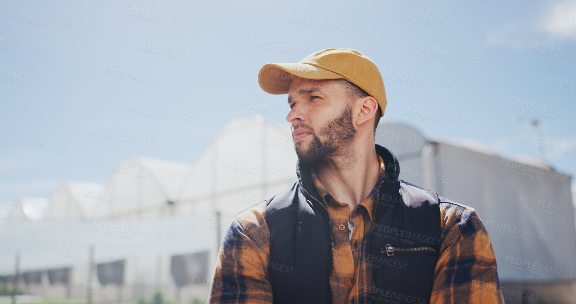 Buy stock photo Thinking, man and farmer outdoor for agriculture, reflection and sustainable business. Thoughts, male person and farming with vision, problem solving and remember decision for farmland distribution