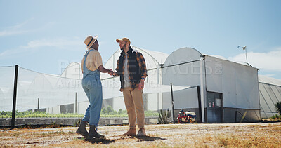 Buy stock photo Handshake, deal and farmer with partnership for agriculture, sustainability and harvest. Greenhouse, plants and people shaking hands on farm with agro business for crops, quality control or teamwork