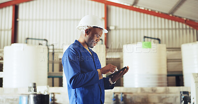 Buy stock photo Engineer, man and inspection with tablet, industrial warehouse and checking water system for safety. Serious, inspector and black person with tech for quality control, maintenance and leak detection