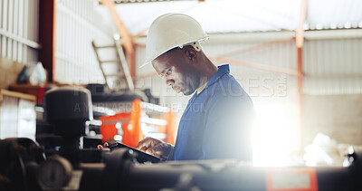 Buy stock photo Technician, man and inspection with tablet, warehouse or checking water system for quality assurance. Serious, inspector and black person with tech for safety, maintenance and leak detection on web