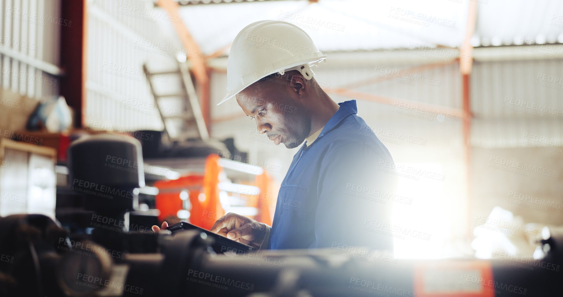 Buy stock photo Technician, man and inspection with tablet, warehouse or checking water system for quality assurance. Serious, inspector and black person with tech for safety, maintenance and leak detection on web