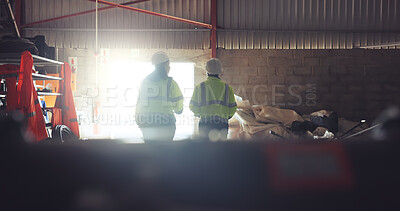Buy stock photo People, civil engineer and warehouse with team for construction, building or renovation. Back view, employees or contractors with hard hat on site for industrial architecture, safety or maintenance