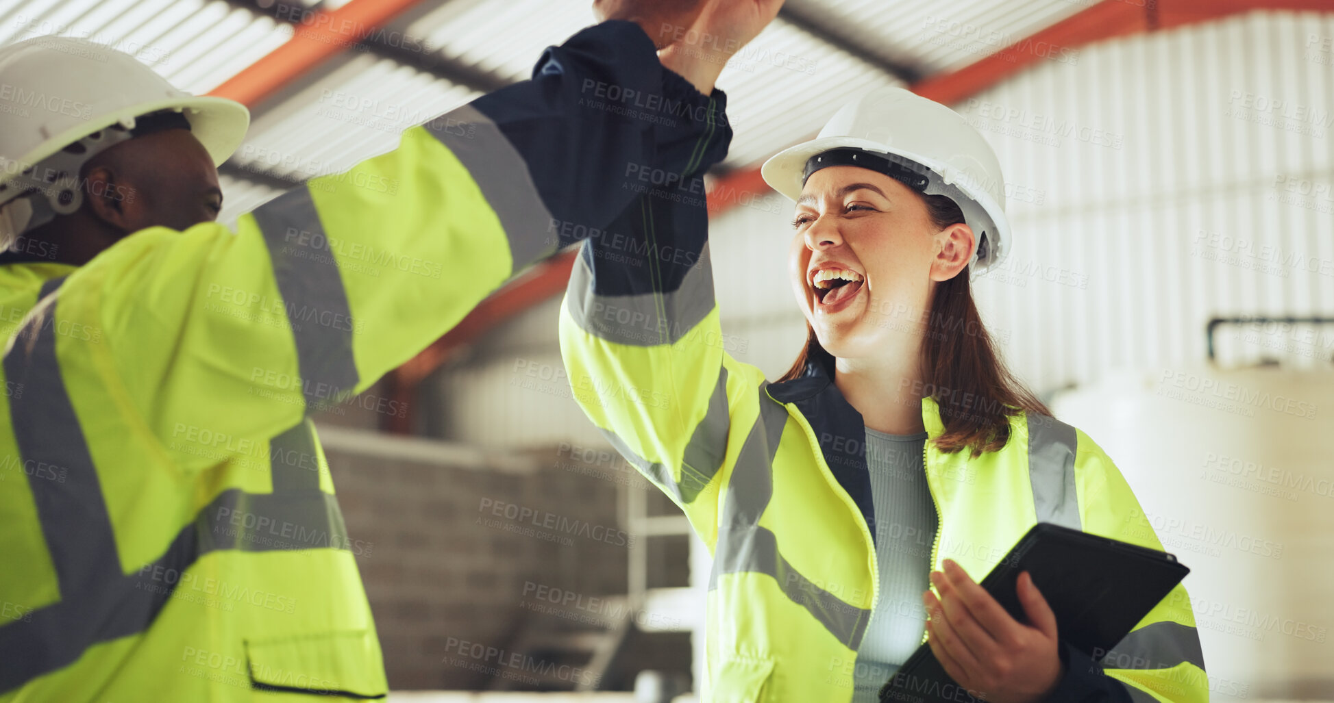 Buy stock photo People, engineer and high five with tablet at warehouse for good news, inspection and project success. Smile, team and laugh with digital for celebration, quality control and construction achievement