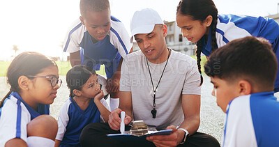 Buy stock photo Man, coach and clipboard with children for soccer schedule, formation planning and training session. Person, checklist or kids for fitness attendance, coaching strategy and tactics for football match