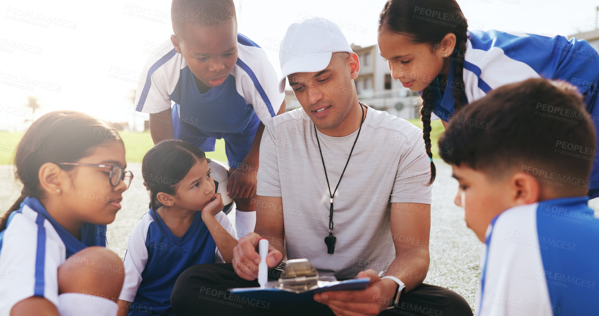 Buy stock photo Man, coach and clipboard with children for soccer schedule, formation planning and training session. Person, checklist or kids for fitness attendance, coaching strategy and tactics for football match