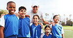 Coach, team and kids in portrait for soccer, sport and happiness with players on field. Man, children and smile for exercise with youth club, athlete group and excited for football fitness on pitch