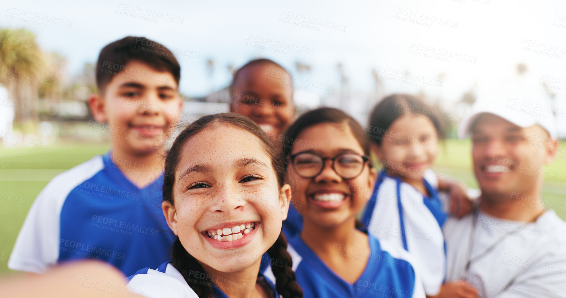 Buy stock photo Portrait, children and selfie with team at soccer field, photography and memory after football match. Outdoor, kids and profile picture with coach for social media, fitness and skill development