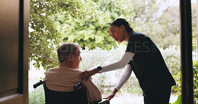 Buy stock photo Wheelchair, window and caregiver with senior man for talking, medical service and assisted living. Healthcare, retirement home and nurse with elderly person with disability for care, help and support