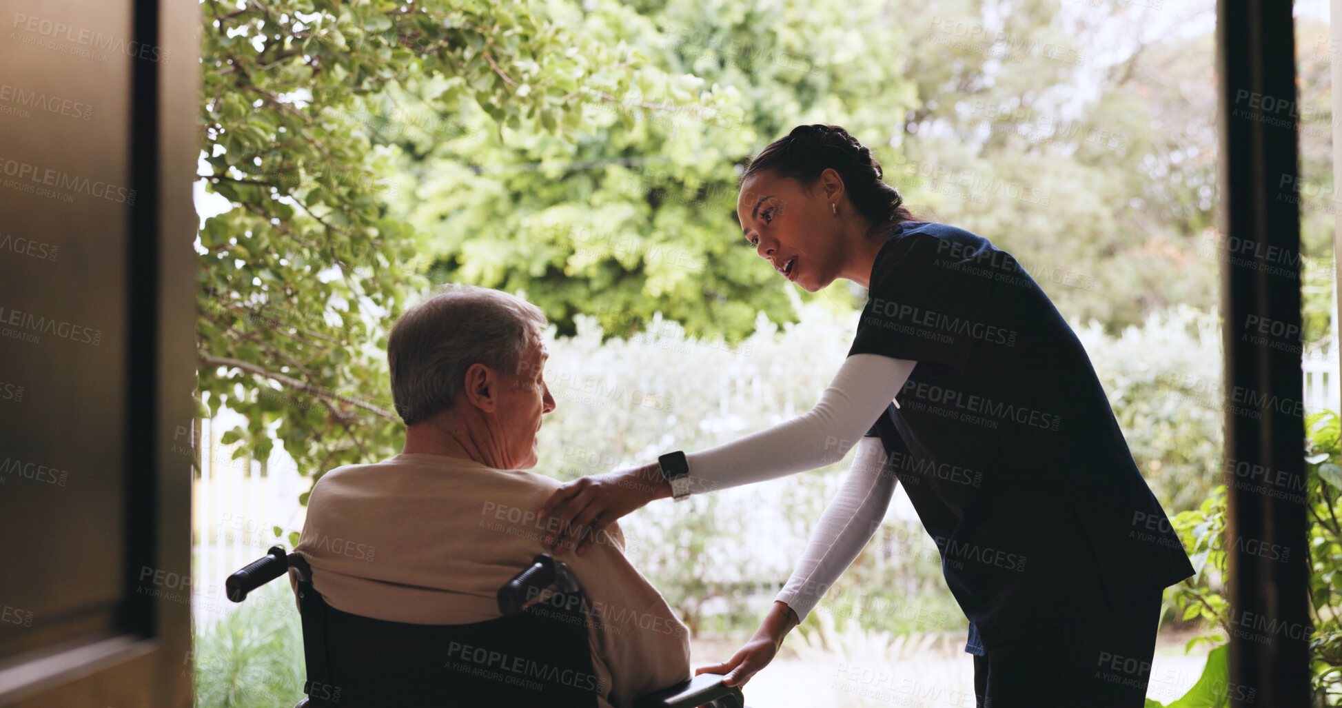 Buy stock photo Wheelchair, window and caregiver with senior man for talking, medical service and assisted living. Healthcare, retirement home and nurse with elderly person with disability for care, help and support