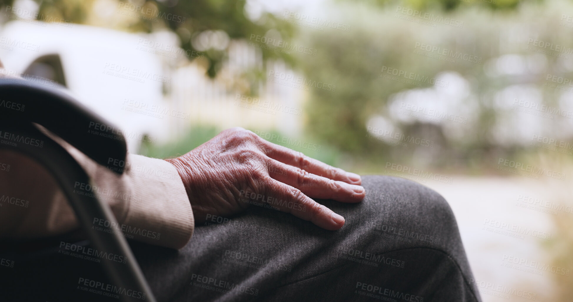 Buy stock photo Outdoor, hands or senior person with wheelchair for retirement, morning peace or weekend reflection. Calm, nostalgia or elderly man with disability in nature for fresh air, wellness or perspective