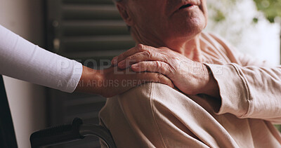 Buy stock photo Holding hands, nurse and senior man in wheelchair in nature with comfort, checkup or medical support. Healthcare, recovery and caregiver with elderly person with disability for home consultation.