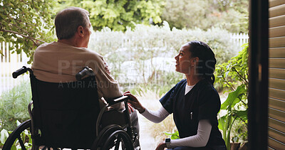 Buy stock photo Support, nurse and senior man in wheelchair in nature with comfort, checkup or medical discussion. Healthcare, outdoor and caregiver with elderly male person with disability for home consultation.