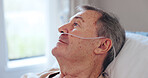 Thinking, healthcare and sad with old man in hospital bed for reflection, cancer diagnosis and icu. Mindfulness, medical and fear with senior person in recovery ward of clinic for healing and sick
