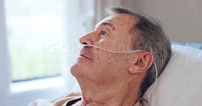Buy stock photo Thinking, healthcare and sad with old man in hospital bed for reflection, cancer diagnosis and icu. Mindfulness, medical and fear with senior person in recovery ward of clinic for healing and sick