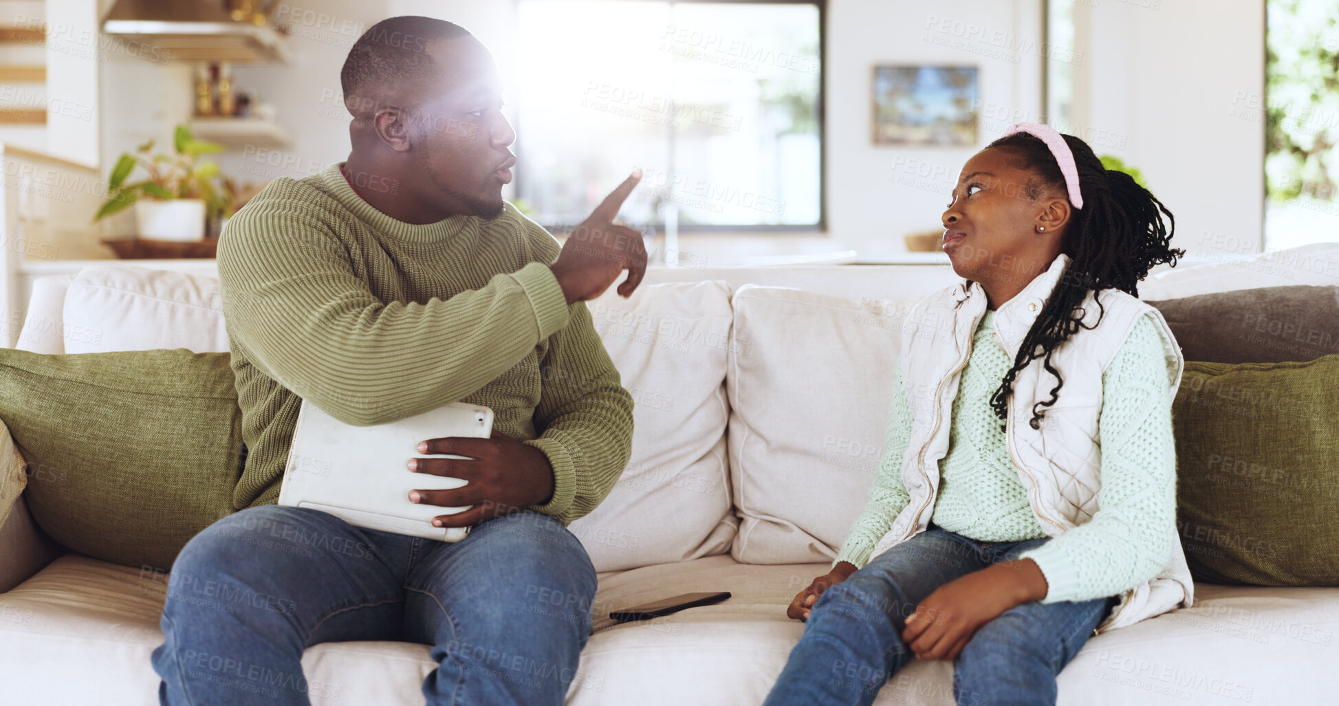 Buy stock photo Discipline, tablet and father with daughter on sofa in family home for screen time, punishment and stop. Tech control, online boundaries and social media balance with black man and child in house