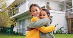 Happy, hug and portrait of children in backyard for bonding, love and sibling relationship. Family, smile and girls with embrace for affection, connection and trust outdoor for childhood together