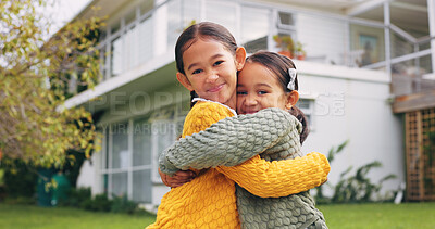 Buy stock photo Happy, hug and portrait of children in backyard for bonding, love and sibling relationship. Family, smile and girls with embrace for affection, connection and trust outdoor for childhood together