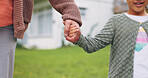Holding hands, love and dad with child in backyard for support, security or safety on weekend. Care, comfort and father with girl kid for connection outdoor in garden with trust together by home.