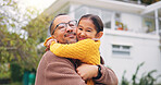 Hug, smile and care with father with daughter outdoor for bonding, support and playful. Love, game and happiness with man and child in backyard of family home for connection, trust and weekend break