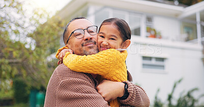 Buy stock photo Hug, smile and care with father with daughter outdoor for bonding, support and playful. Love, game and happiness with man and child in backyard of family home for connection, trust and weekend break