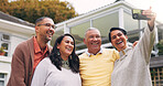 Selfie, backyard and senior parents with people for social media, memory and happy in new house. Family, retirement home and elderly mom, dad and couple with photo for picture, post and bonding