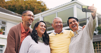 Buy stock photo Selfie, backyard and senior parents with people for social media, memory and happy in new house. Family, retirement home and elderly mom, dad and couple with photo for picture, post and bonding