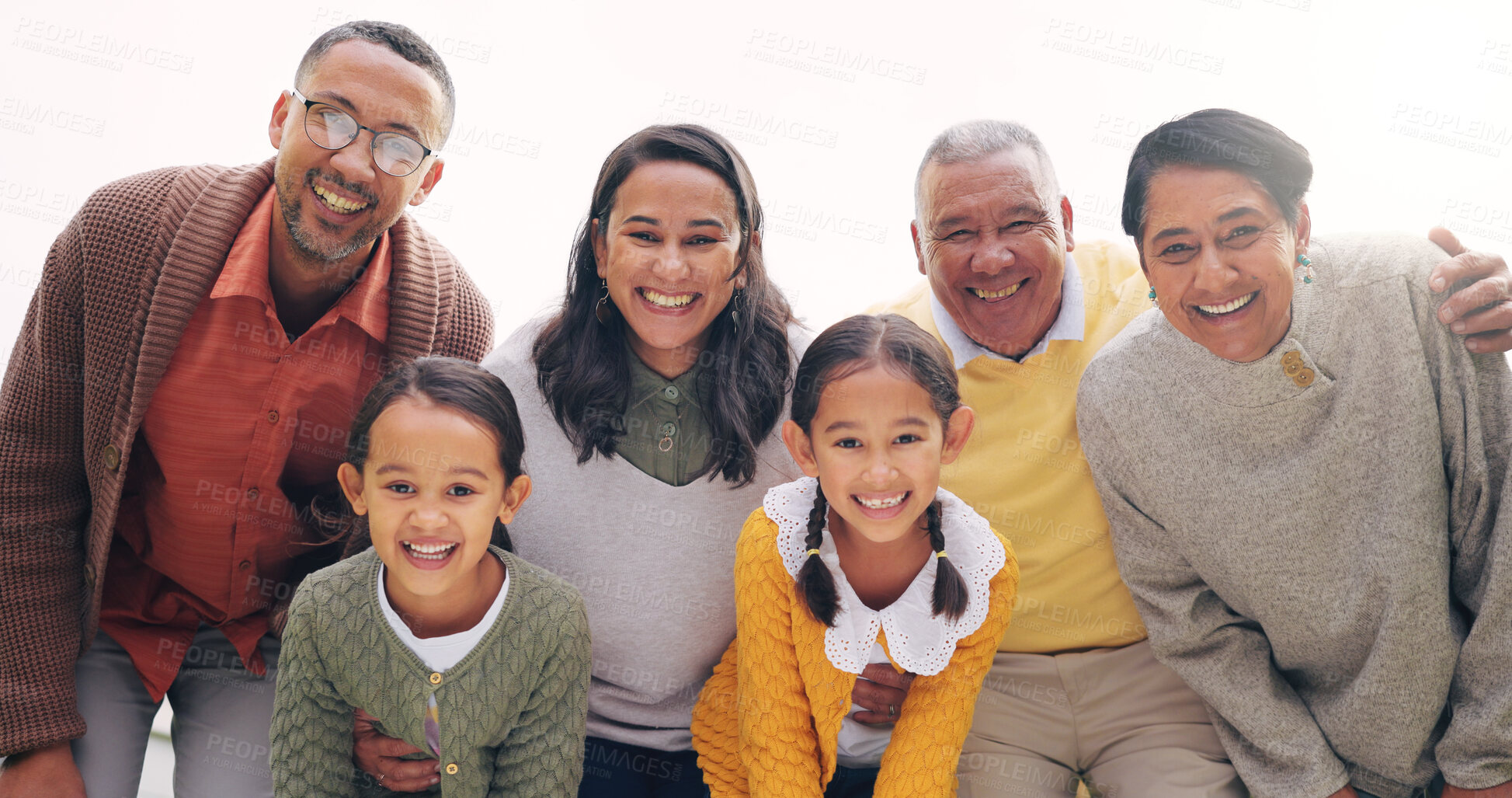 Buy stock photo Grandparents, parents and kids outdoor with portrait for bonding, relationship and connection. Happy, family and senior generation with children, mom and dad for love, trust and support on weekend