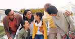 Grandparents, parents and kids in backyard laugh for bonding, relationship and funny joke. Happy, family home and senior generation with children with humor for love, trust and support with low angle