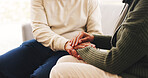 Holding hands, love and support with old couple in home for empathy, connection and trust. Marriage commitment, kindness and loyalty with senior man and woman in house for solidarity and compassion